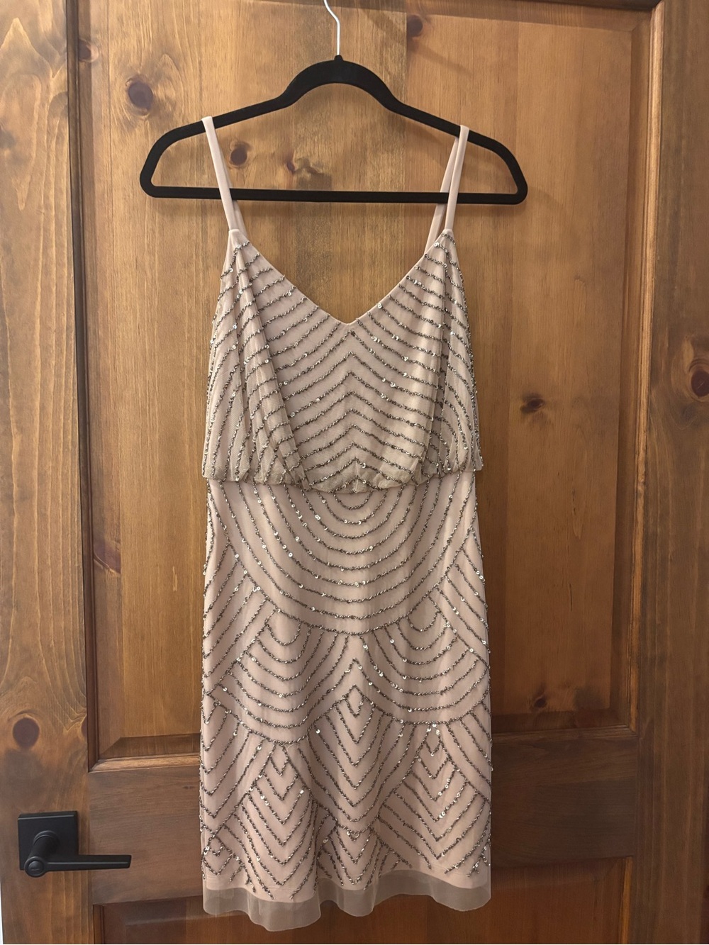 Beaded V-Neck Spaghetti Strap Dress in Blush Adrianna Patel